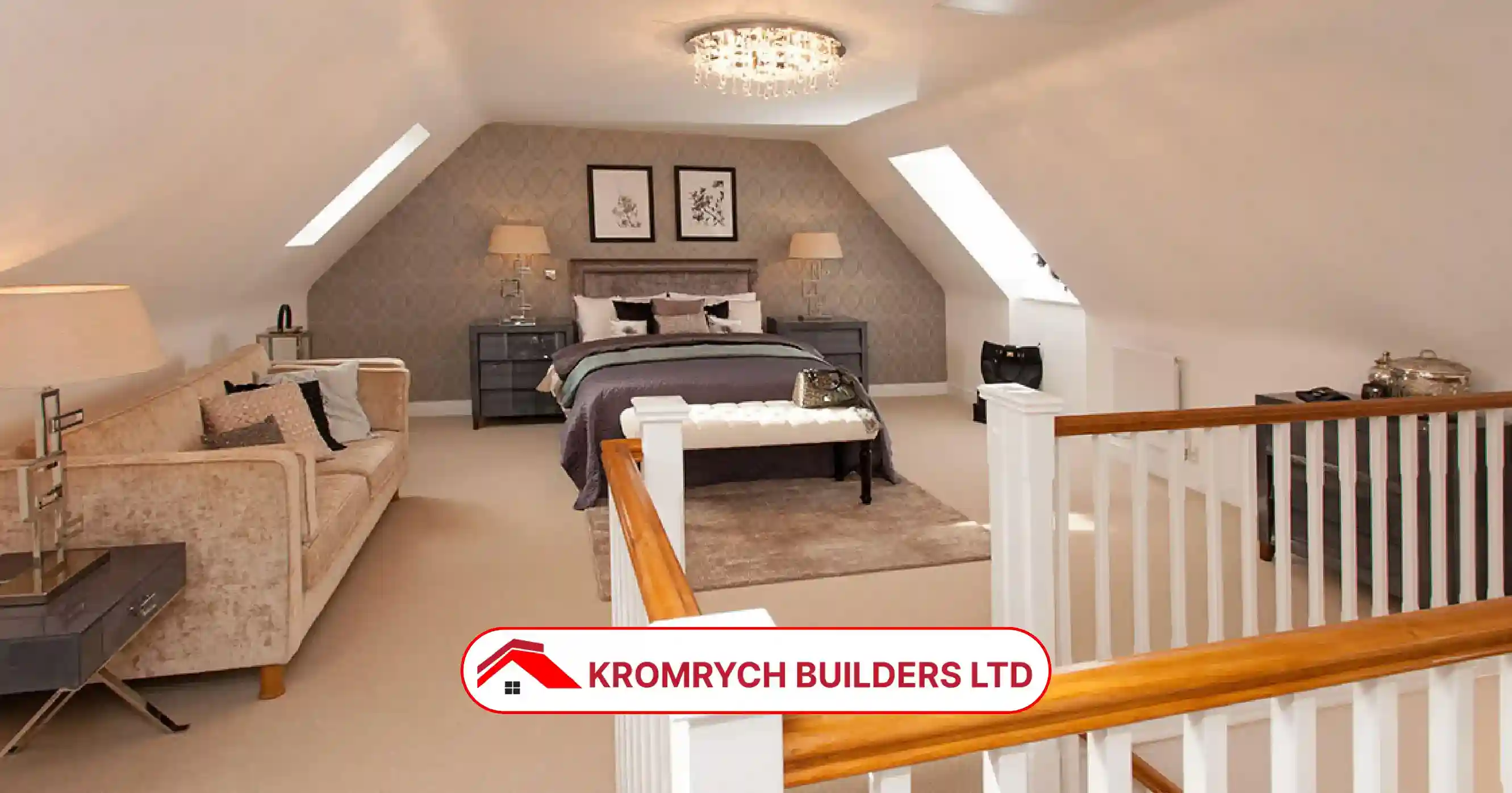 Modern loft conversion in London with elegant bedroom setup, skylights, and quality finish by Kromrych Builders Ltd.